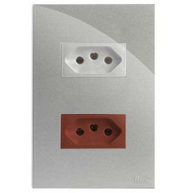 Conjunto Tomada Duplo 1 10a Prata  + 1 20a Vermelho Separado 4x2 - RECTA PRATA GLOSS